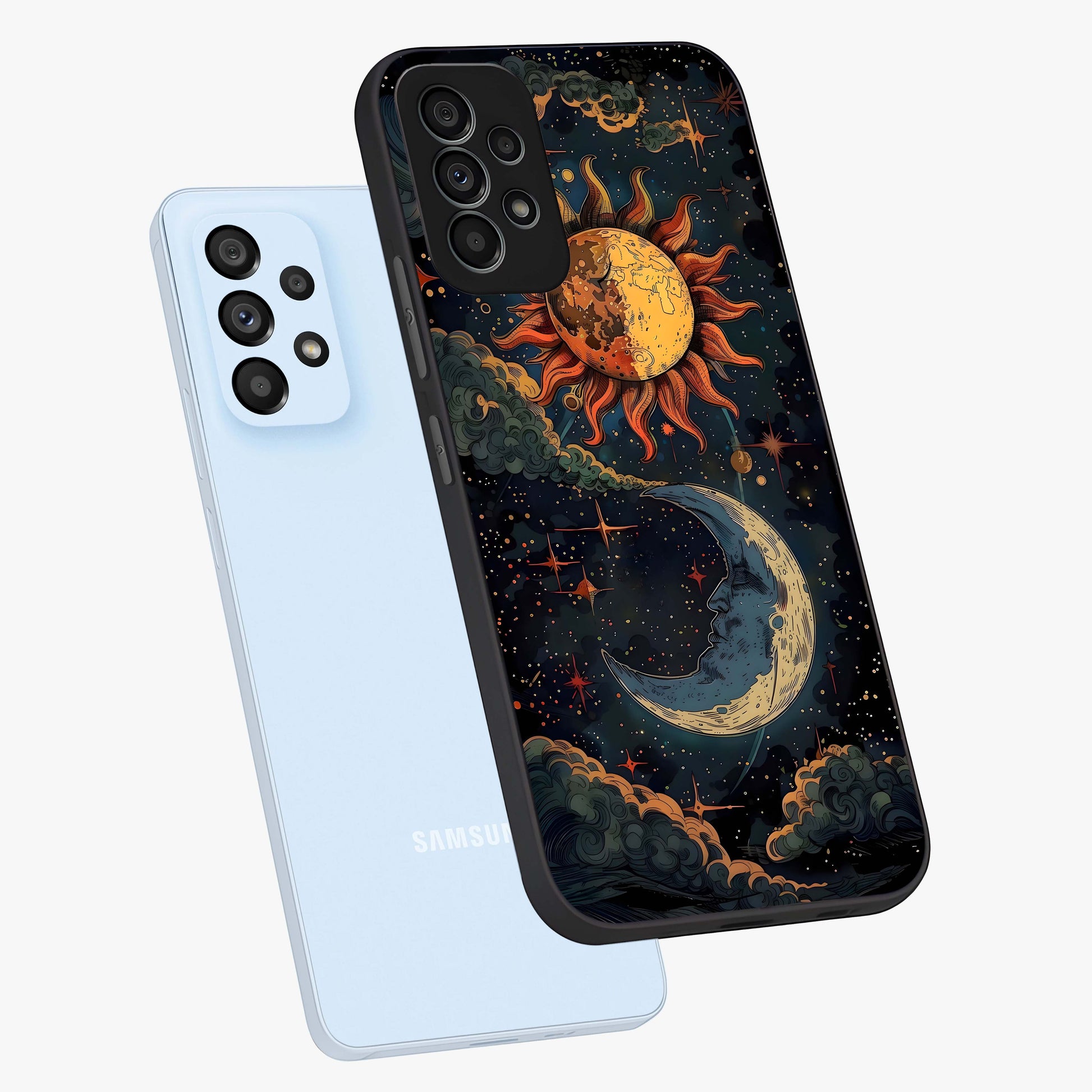 Sun And Moon Magic Design Glass Case displayed in angled mockup highlighting celestial design with magical cosmic aesthetic.