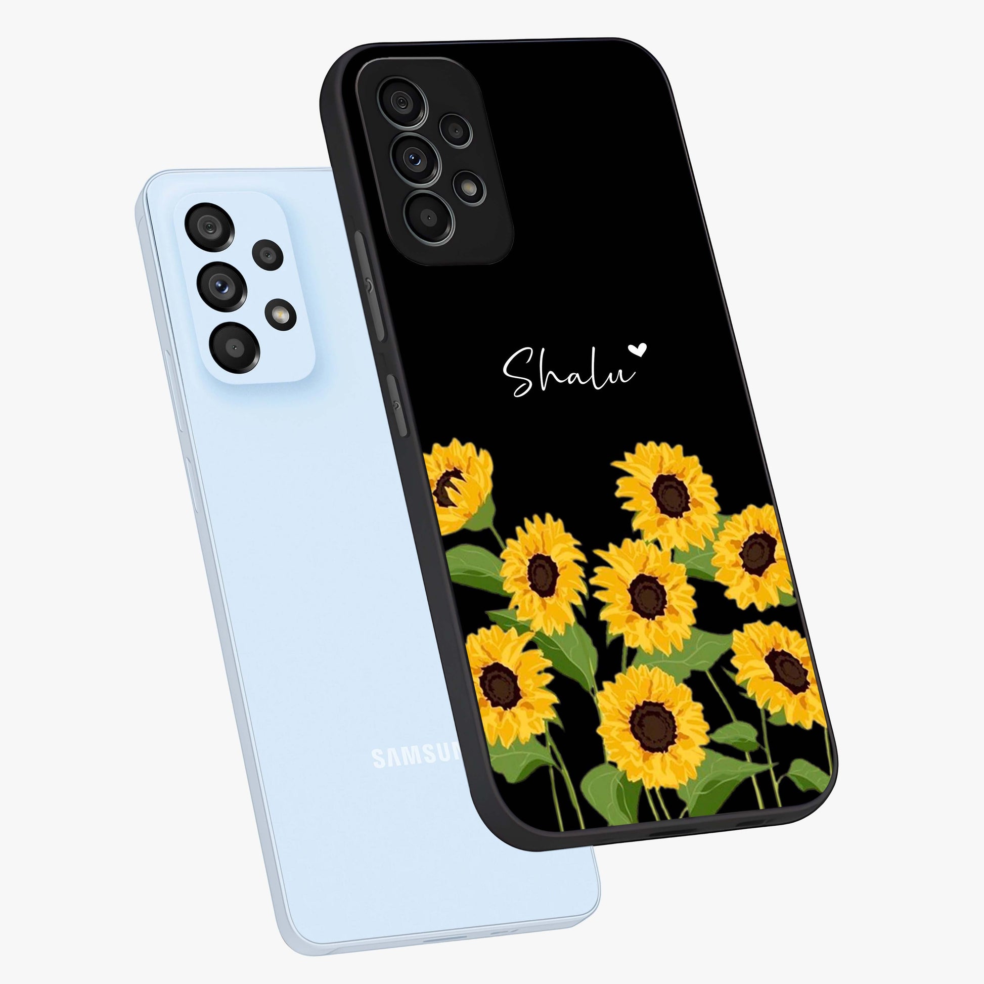 Sunflower Chic Mood Custom Name Glass Case displayed in angled mockup highlighting vibrant sunflower design with custom name feature.