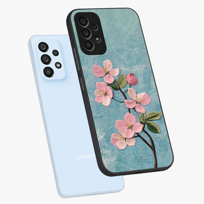 Threaded Blossom Breeze Glass Case displayed in angled mockup highlighting elegant floral design with soft aesthetic style.