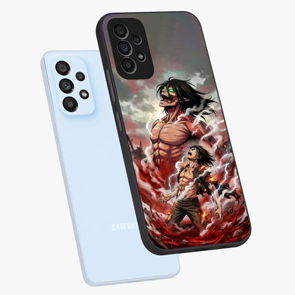 Titan Awakening Fury Glass Case displayed in angled mockup highlighting dramatic giant warrior design with bold anime aesthetic.