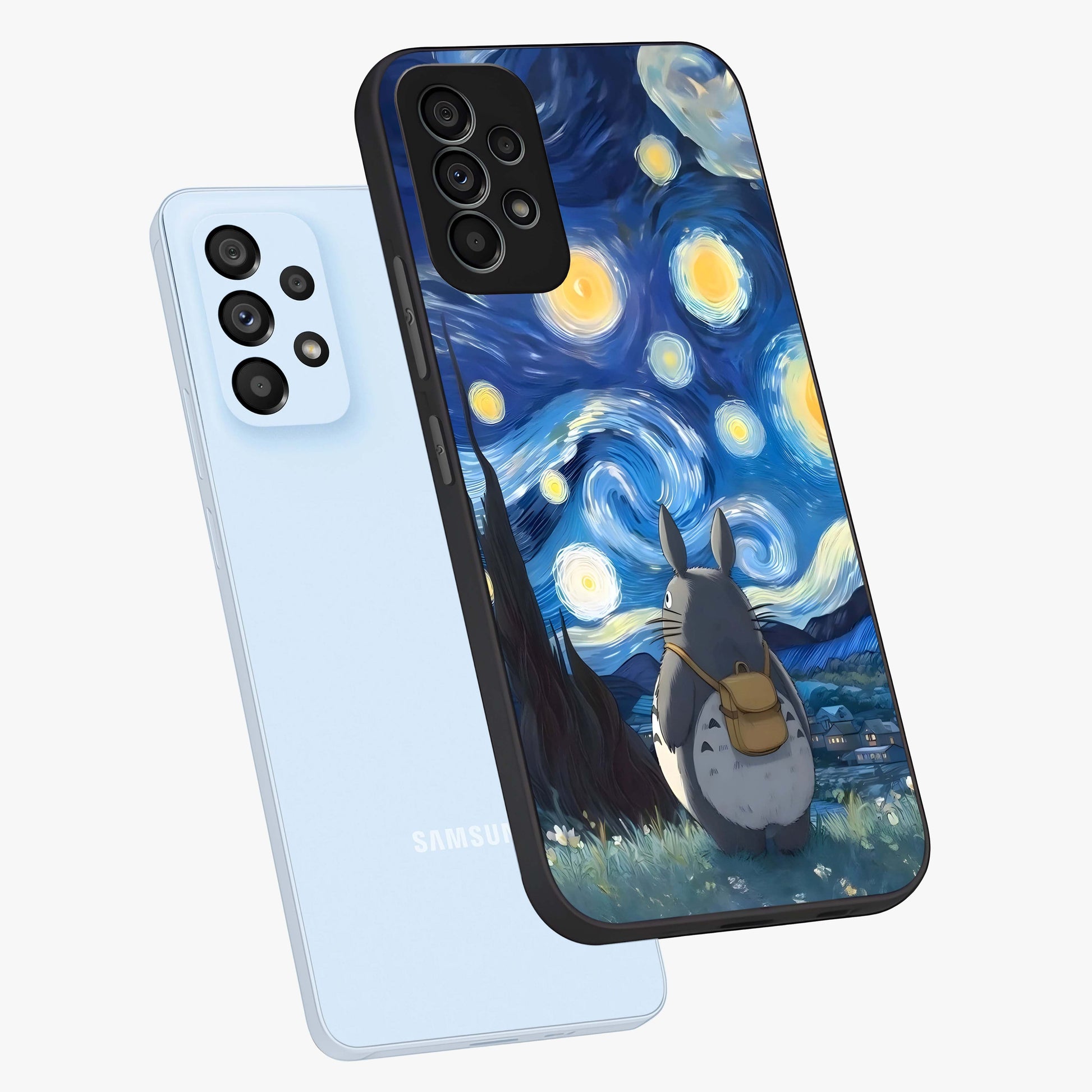 Totoro In Van Gogh Art Glass Case displayed in angled mockup highlighting artistic swirling sky design with playful animation aesthetic.
