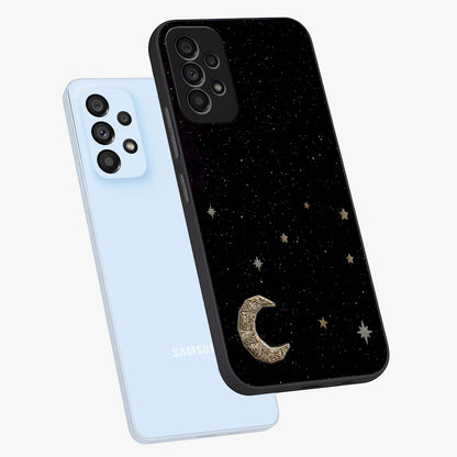 Twinkle Star With Half Moon Glass Case displayed in angled mockup highlighting celestial moon and star design with magical aesthetic.