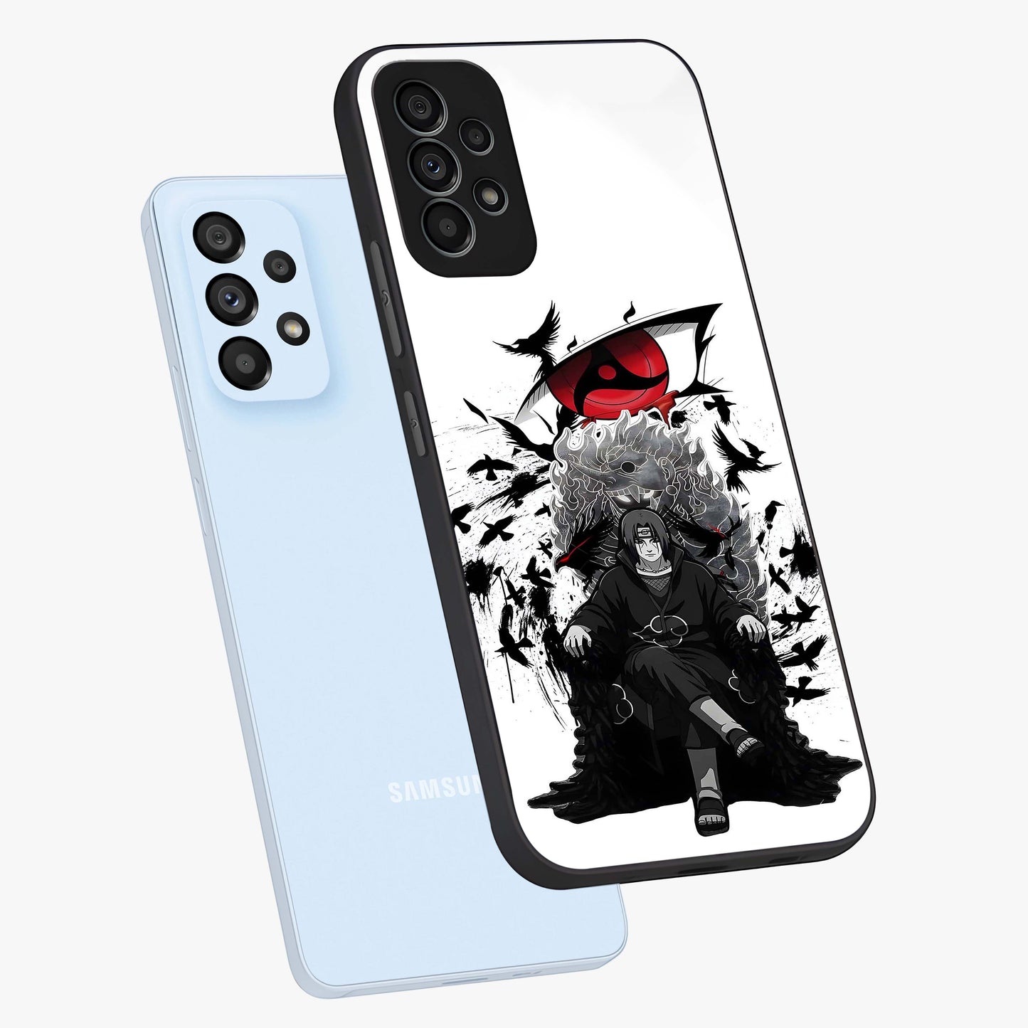Uchiha Shadow Throne Glass Case displayed in angled mockup highlighting glowing aquatic design with celestial aesthetic.