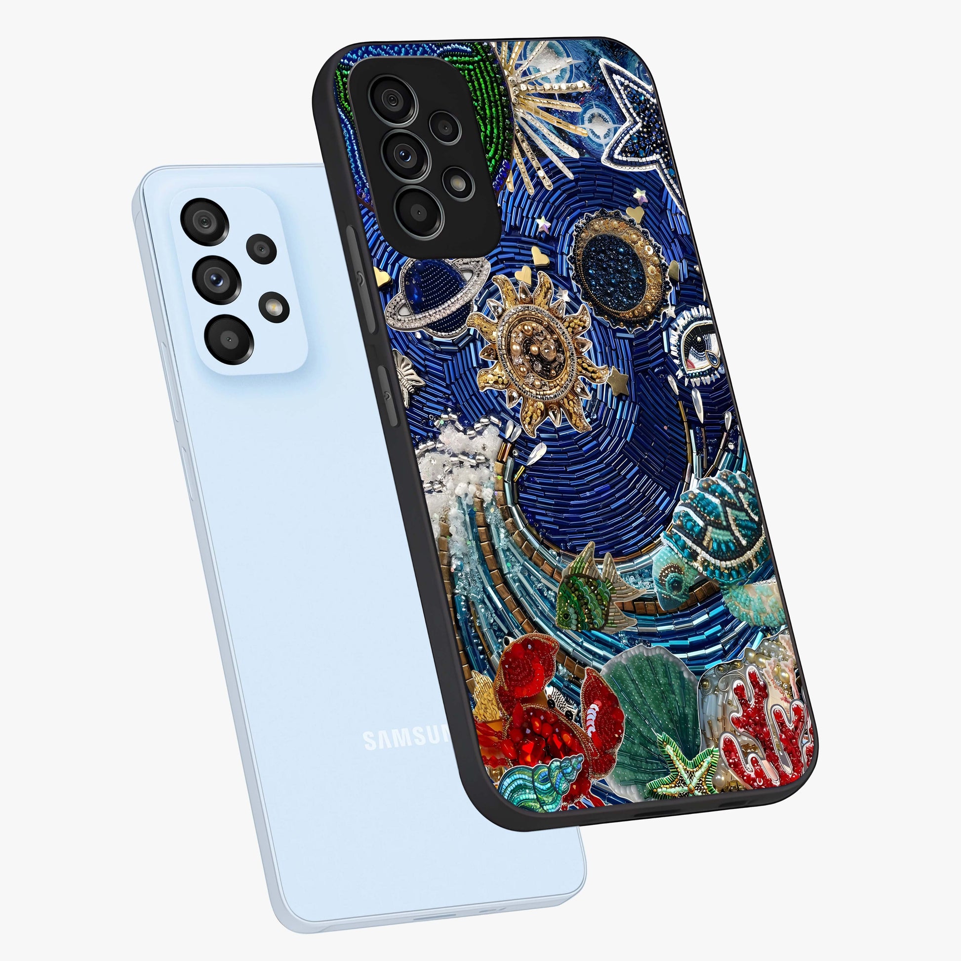 Universe Underwater Spark Glass Case displayed in angled mockup highlighting glowing aquatic design with celestial aesthetic.