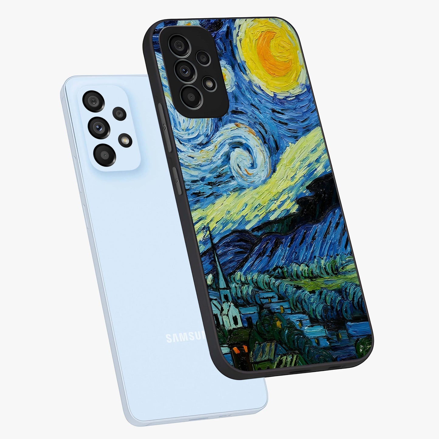 Van Gogh Art Glass Case displayed in angled mockup highlighting swirling brushstroke design with artistic aesthetic.