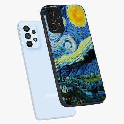 Van Gogh Art Glass Case displayed in angled mockup highlighting swirling brushstroke design with artistic aesthetic.
