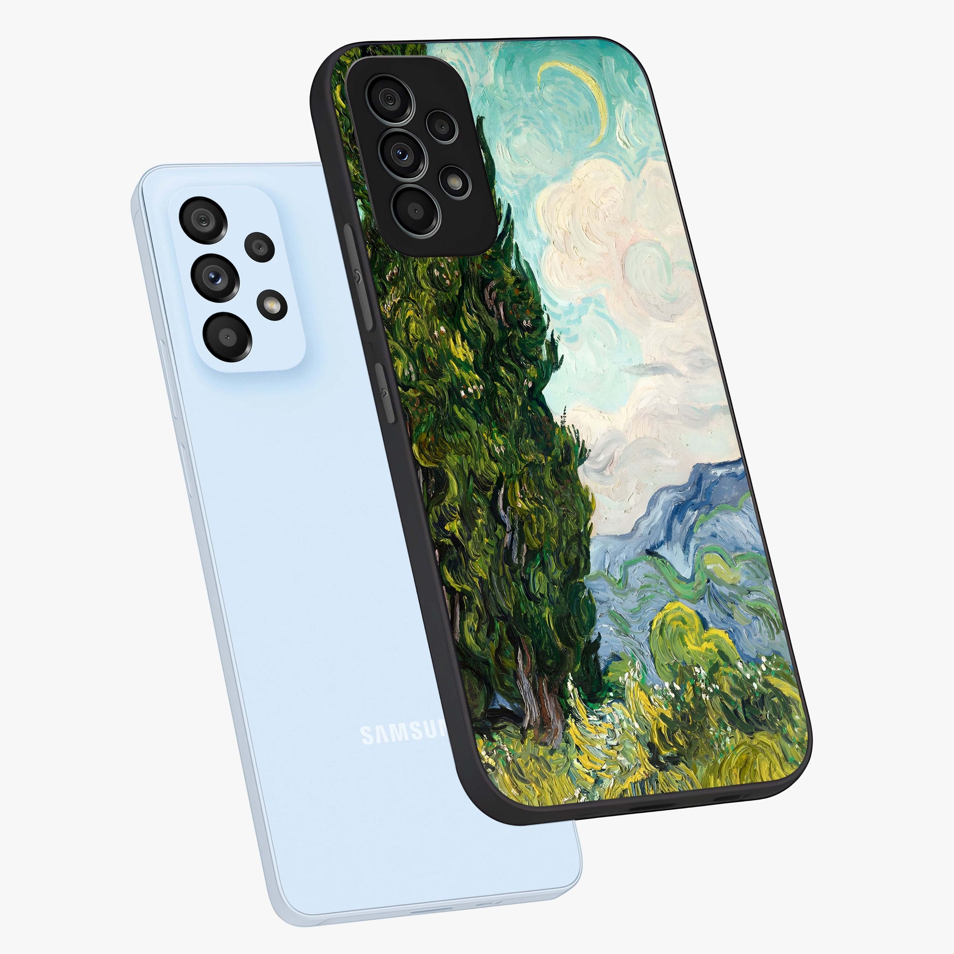 Van Gogh Vintage Art Glass Case displayed in angled mockup highlighting textured brushstroke design with classic aesthetic.