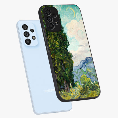 Van Gogh Vintage Art Glass Case displayed in angled mockup highlighting textured brushstroke design with classic aesthetic.