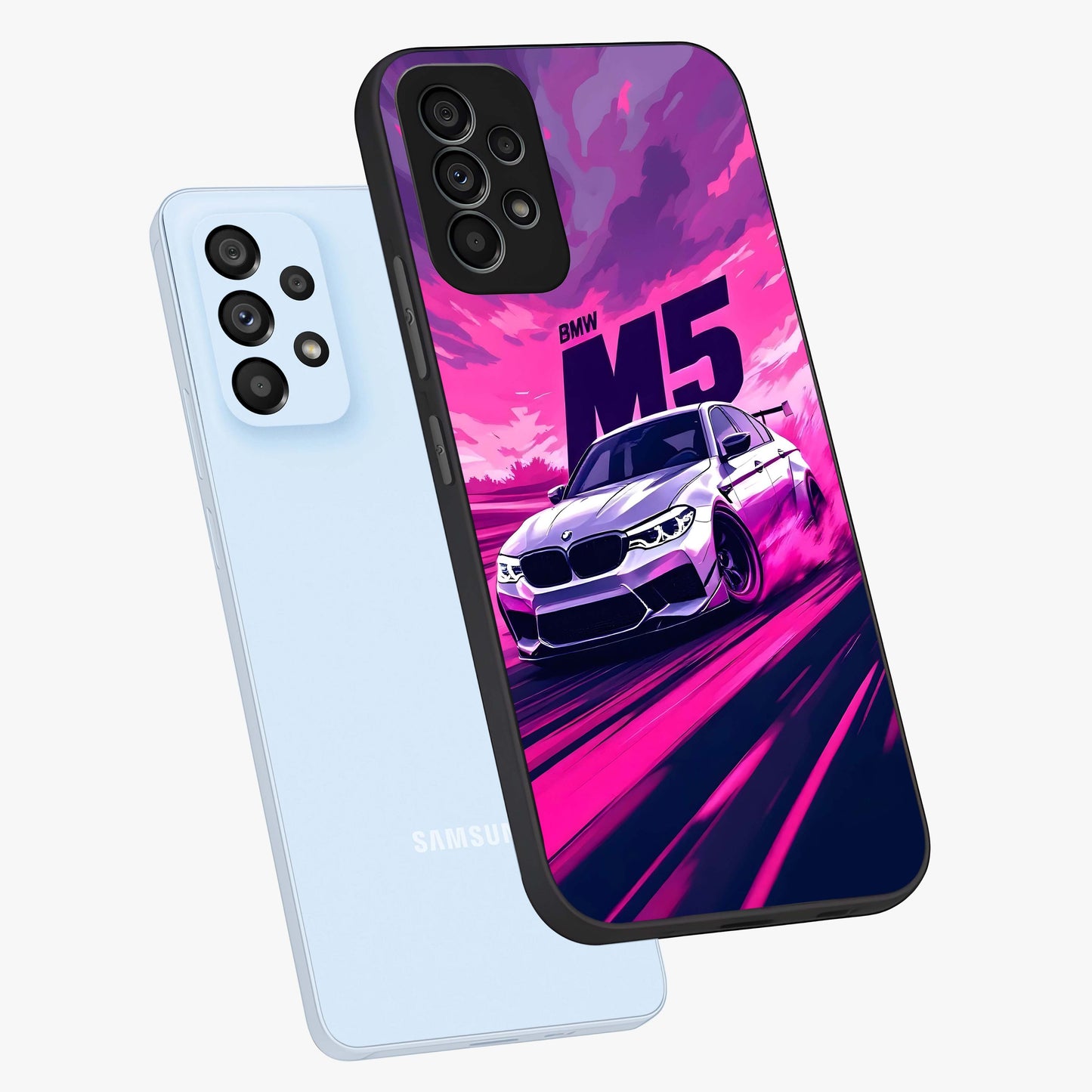 Velocity Drift Pulse Glass Case displayed in angled mockup highlighting dynamic drift design with sporty automotive aesthetic.