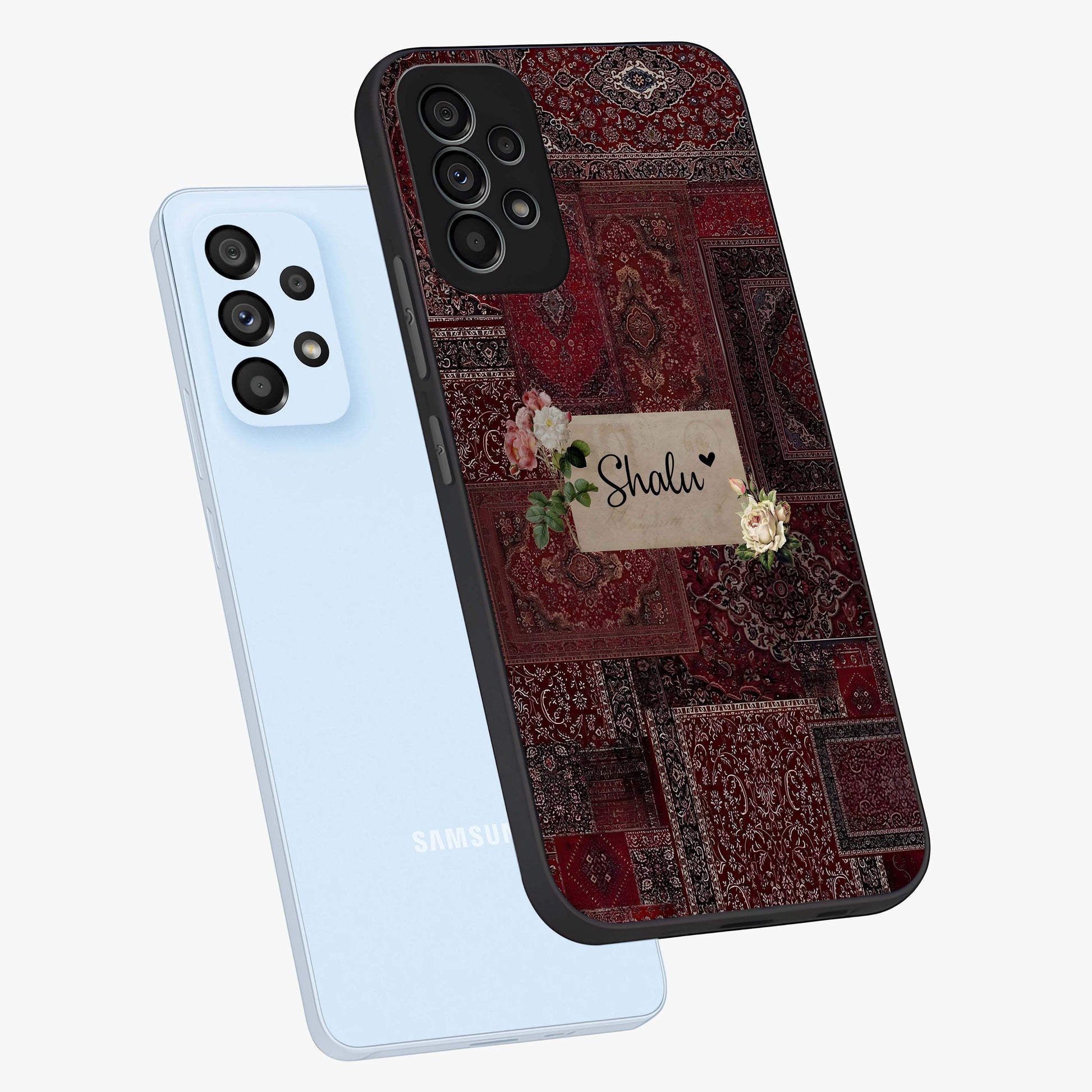 Velvet Wine Pattern Custom Name Glass Case displayed in angled mockup highlighting decorative velvet inspired design with custom name feature.