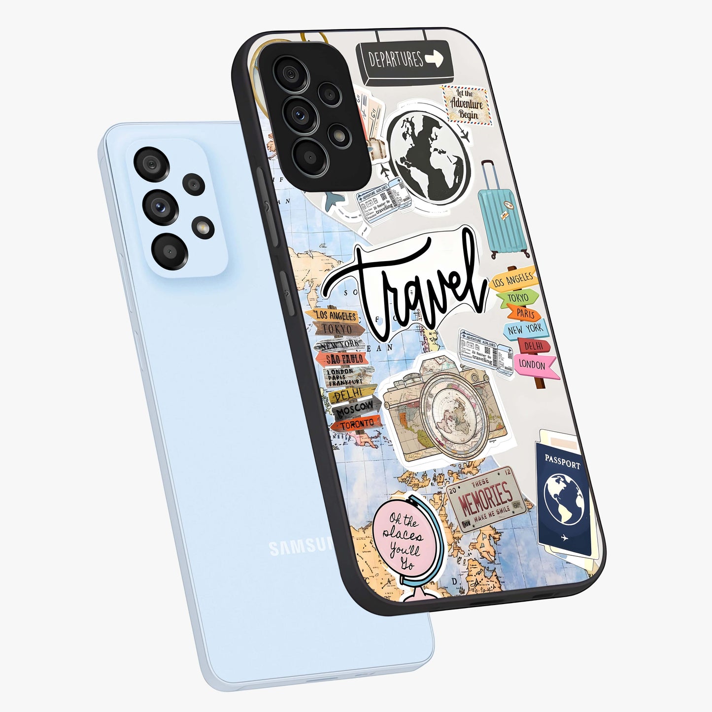 Wanderlust Journal Glass Case displayed in angled mockup highlighting adventure themed design with aesthetic travel vibe.