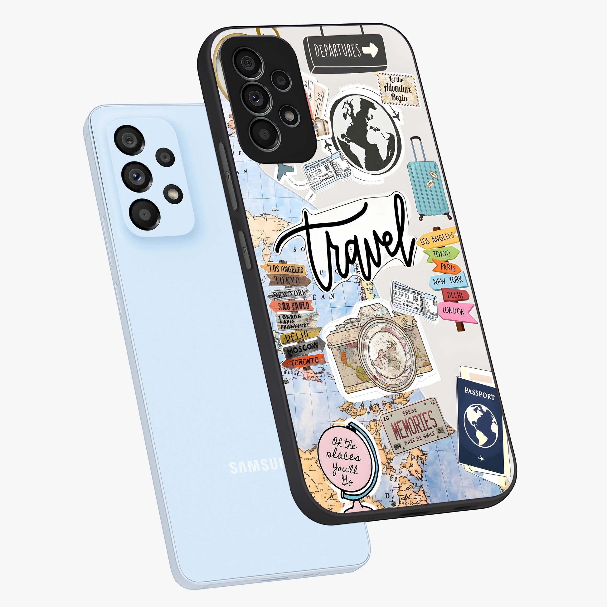 Wanderlust Journal Glass Case displayed in angled mockup highlighting adventure themed design with aesthetic travel vibe.