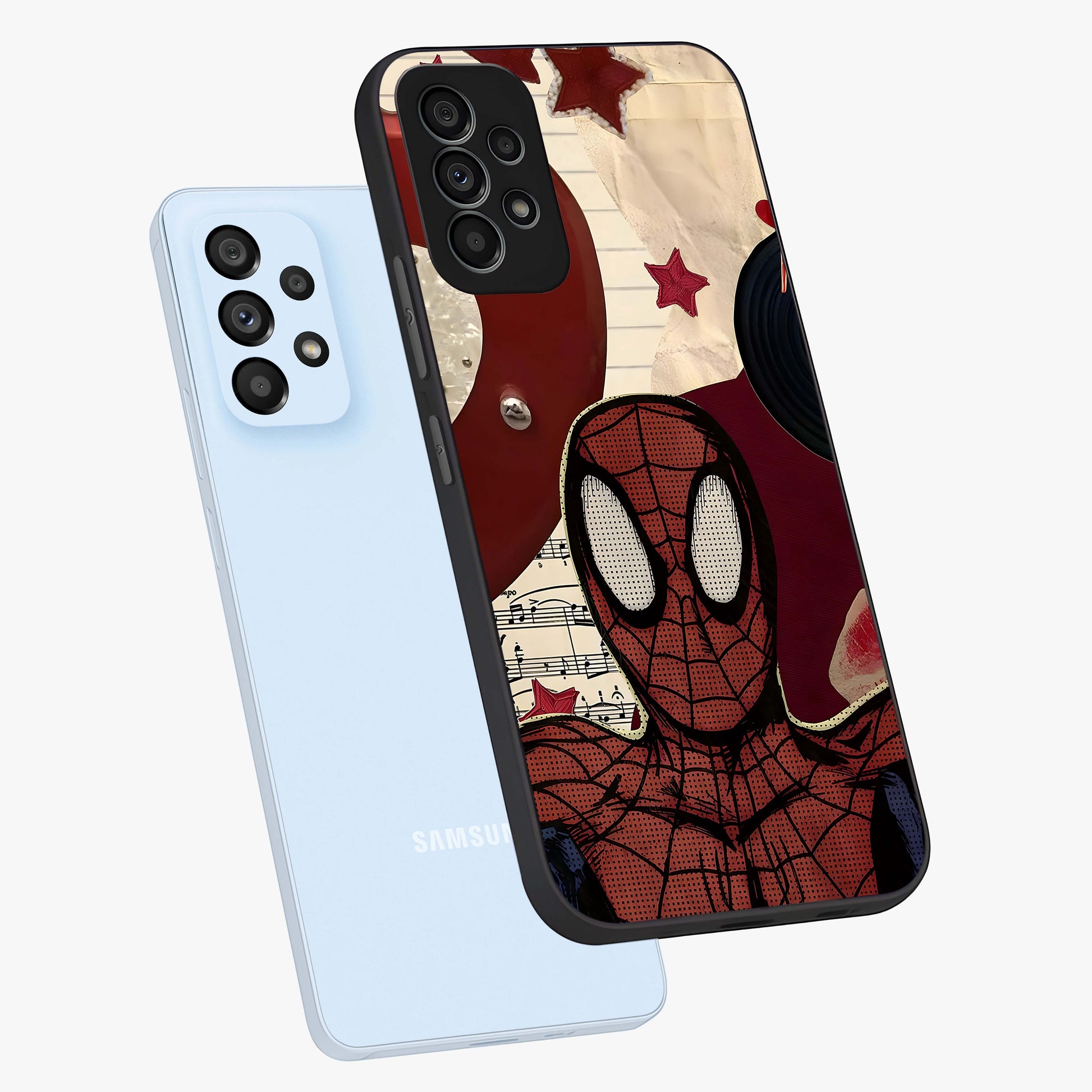 Web Warrior Vibes Glass Case displayed in angled mockup highlighting dynamic web design with comic style aesthetic.
