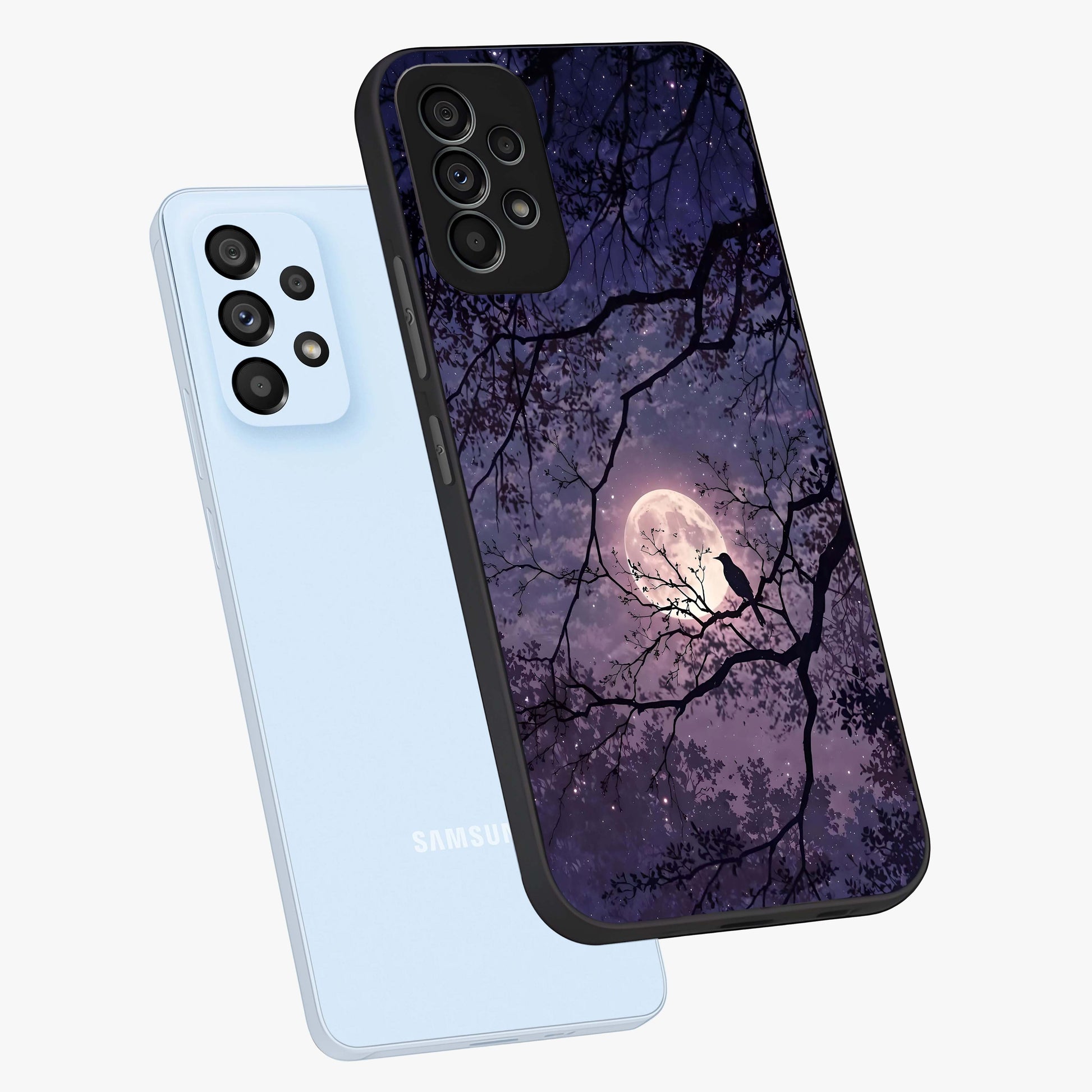 Whispering Moon Silence Glass Case displayed in angled mockup highlighting calm lunar design with dreamy night aesthetic.