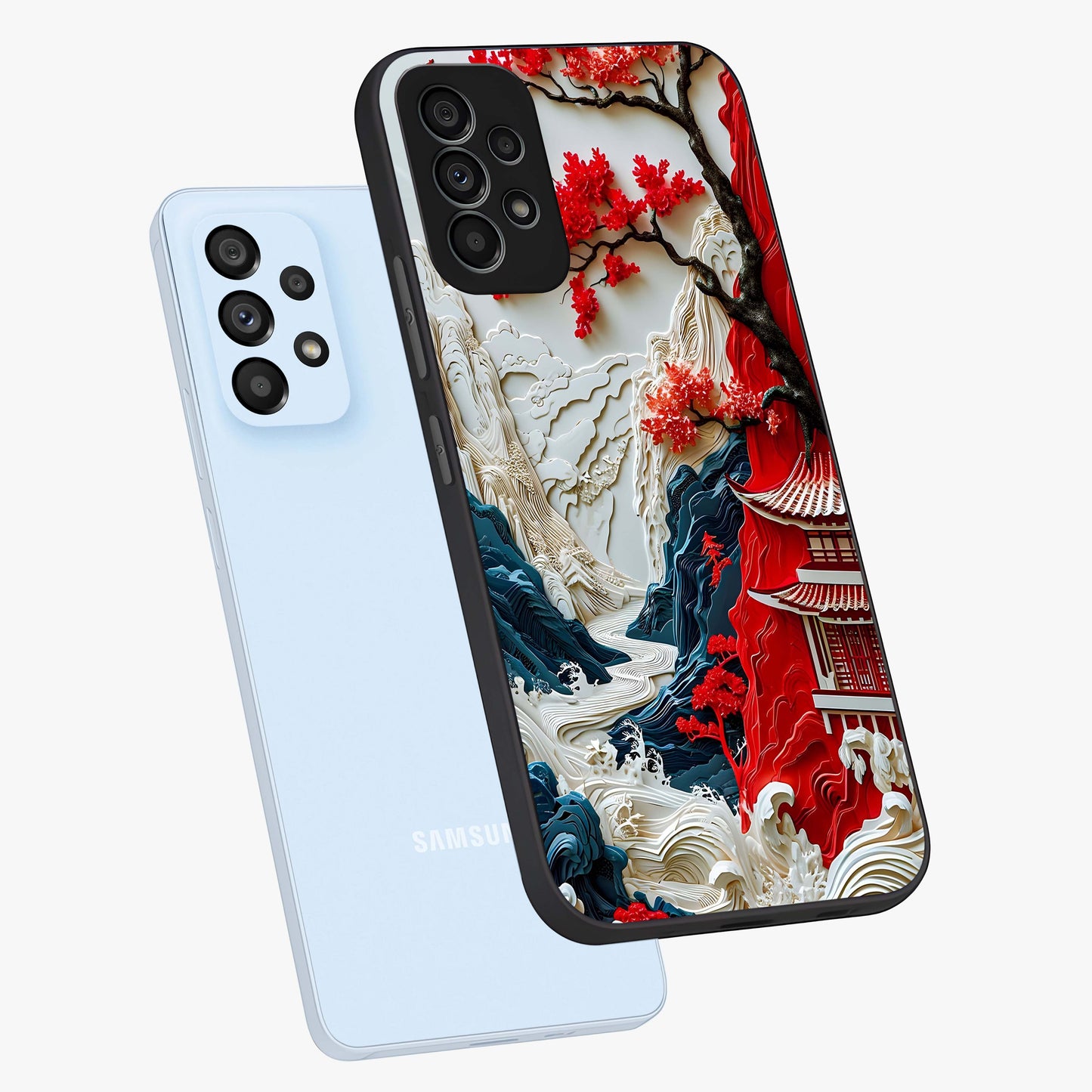 Whispers Of Sakura Waves Glass Case displayed in angled mockup highlighting flowing sakura design with soft floral aesthetic.