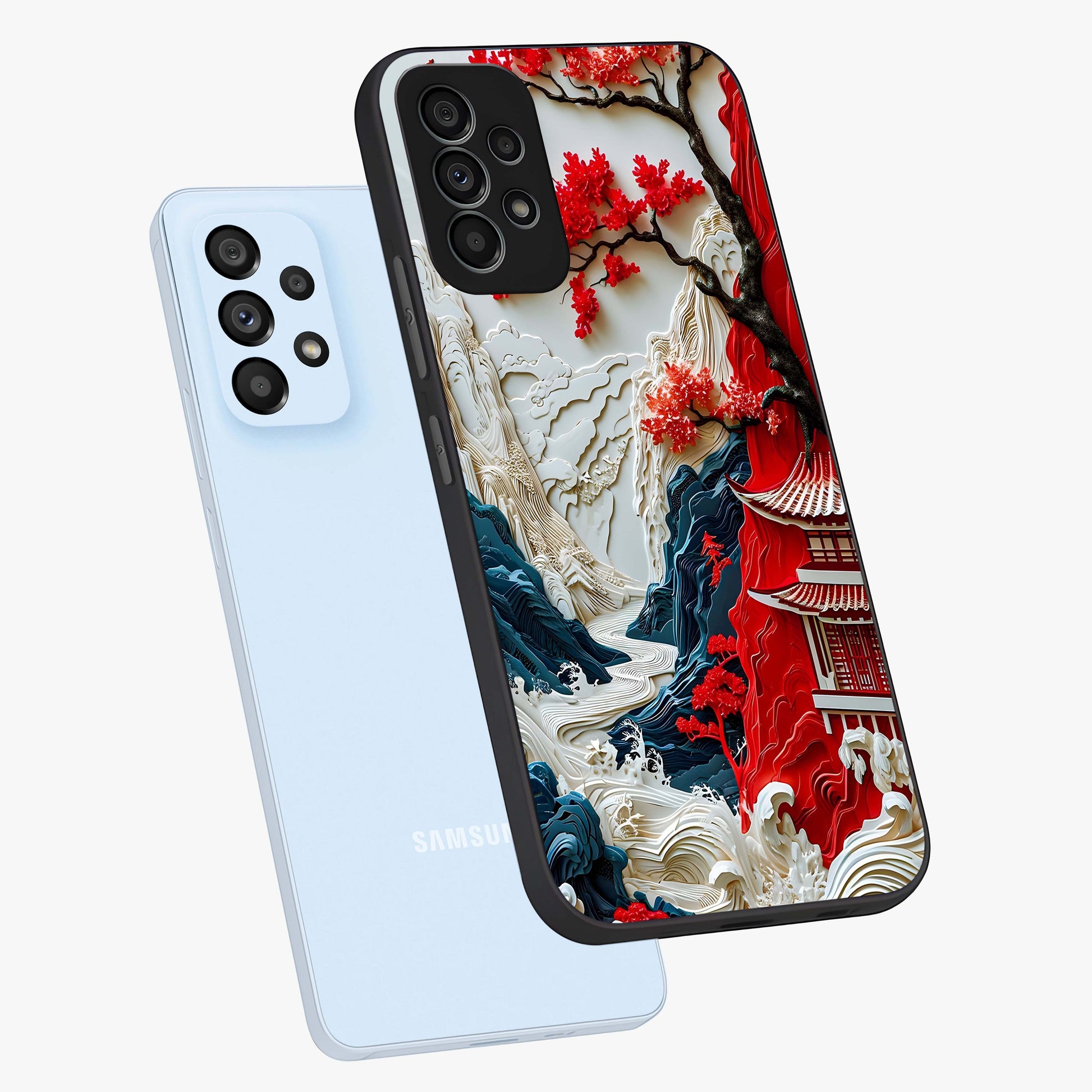 Whispers Of Sakura Waves Glass Case displayed in angled mockup highlighting flowing sakura design with soft floral aesthetic.