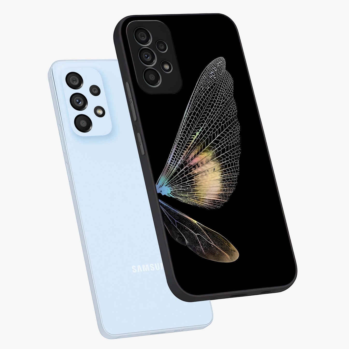 Whispers Of Wings Glass Case displayed in angled mockup highlighting soft feather design with celestial aesthetic style.