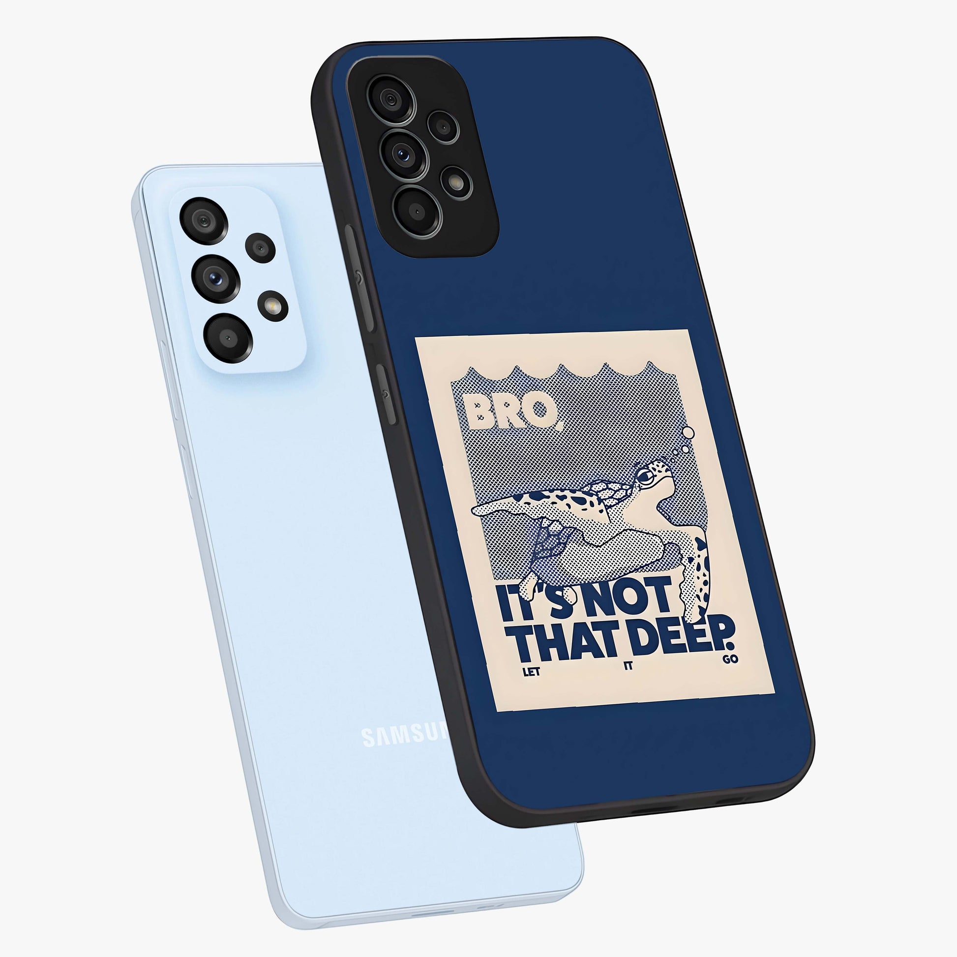 Worry Less Swim Glass Case displayed in angled mockup highlighting fun typography design with relaxed aesthetic style.
