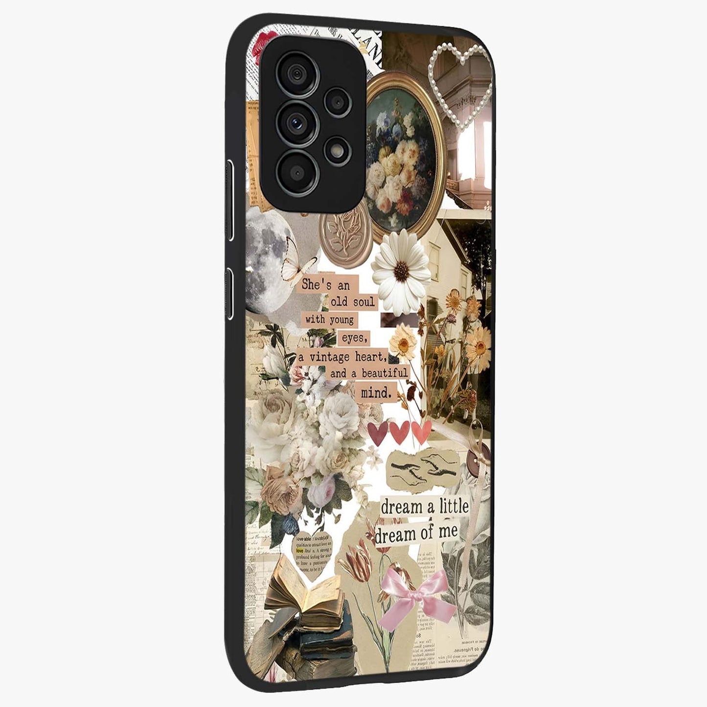Aesthetic Brown Vintage Collage Glass Case upright view showcasing nostalgic retro artwork with stylish vintage theme.