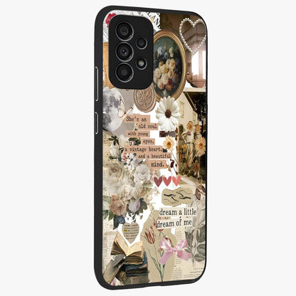 Aesthetic Brown Vintage Collage Glass Case upright view showcasing nostalgic retro artwork with stylish vintage theme.