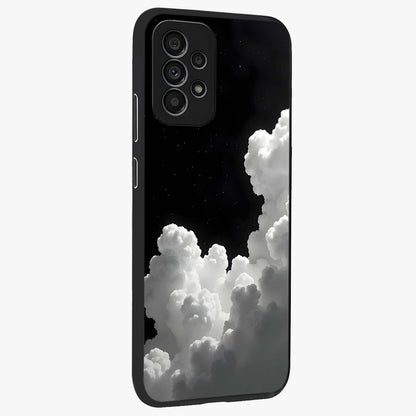 Black Background With White Cloud Glass Case upright view showcasing calm cloud aesthetic with modern minimal style.
