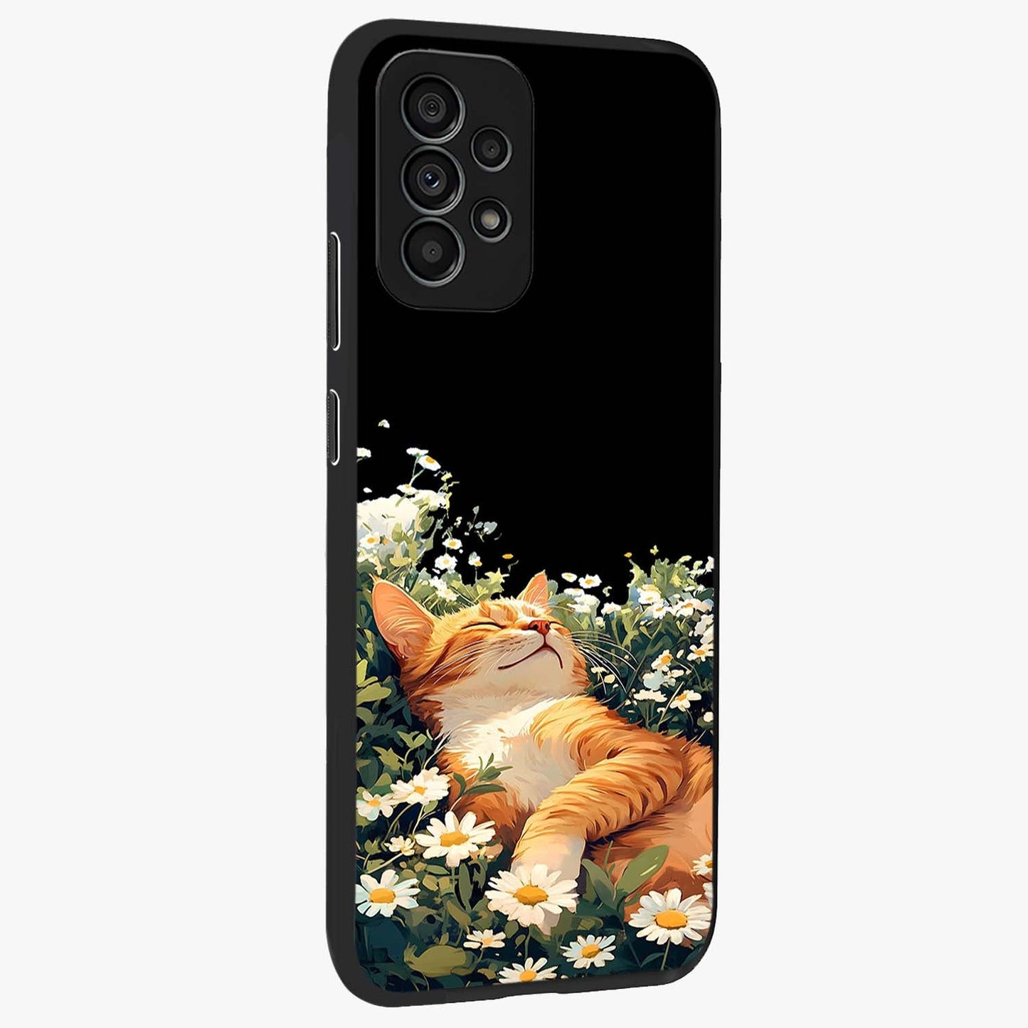 Blissful Bloom Cat Glass Case upright view showcasing charming cat design surrounded by blooming floral elements.