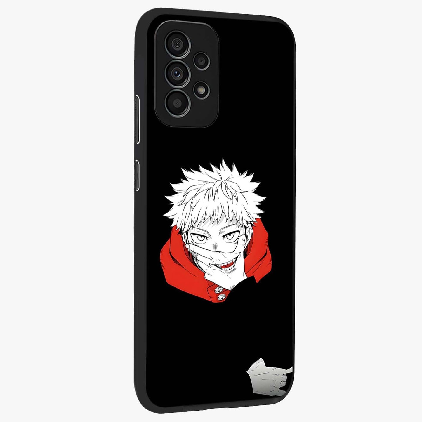 Crimson Chaos Smile Glass Case upright view showcasing expressive chaotic artwork with striking visual theme.