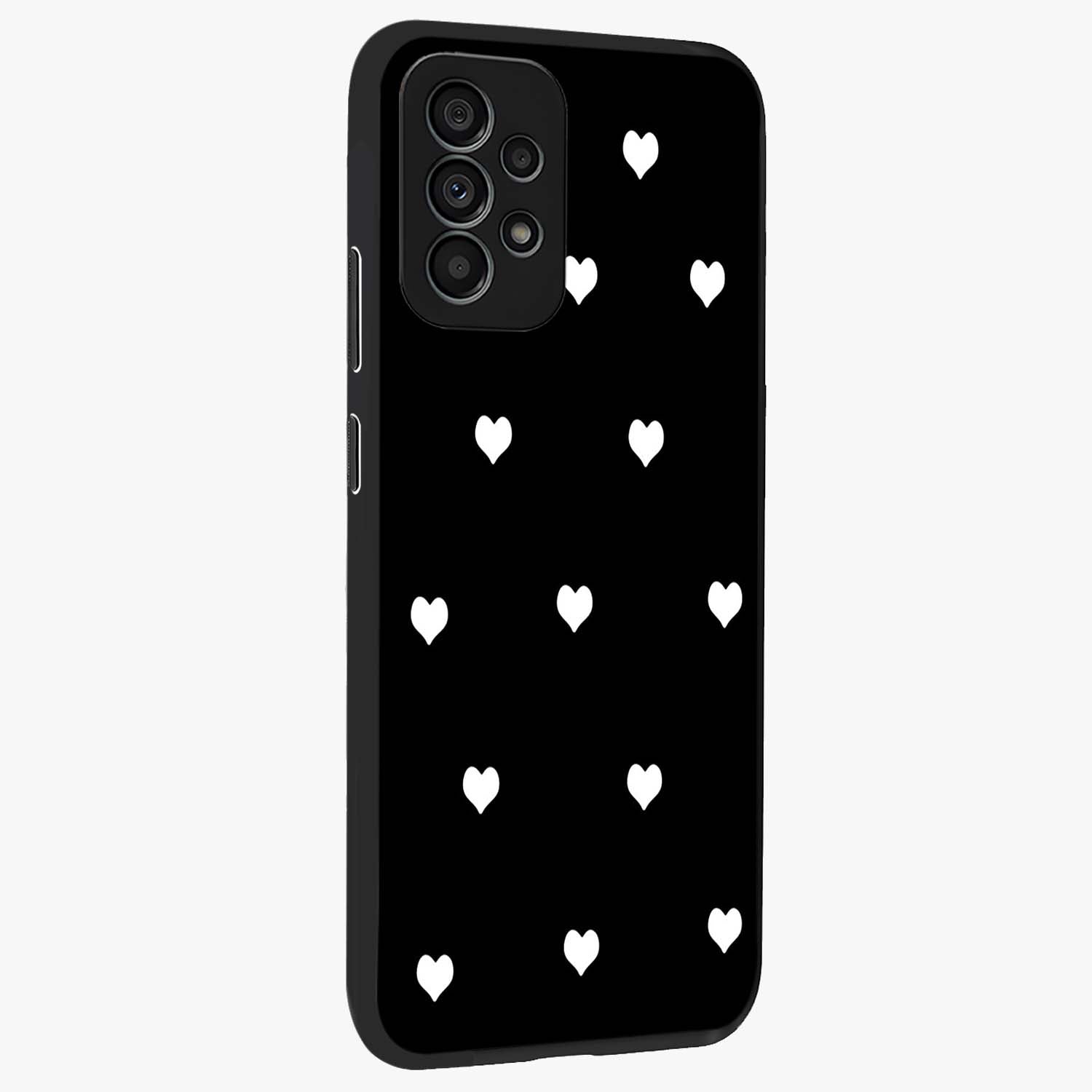 Cute And Simple White Hearts Glass Case upright view showcasing simple white hearts artwork with soft minimal theme.