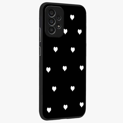 Cute And Simple White Hearts Glass Case upright view showcasing simple white hearts artwork with soft minimal theme.