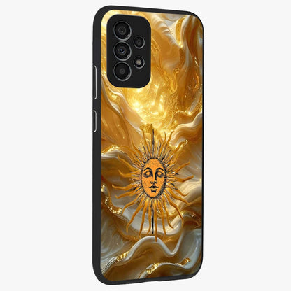Eternal Golden Glow Glass Case upright view showcasing luminous golden artwork with luxurious visual theme.