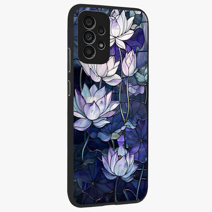 Gloss Petal Rush Glass Case upright view showcasing dynamic floral petal artwork with modern botanical theme.