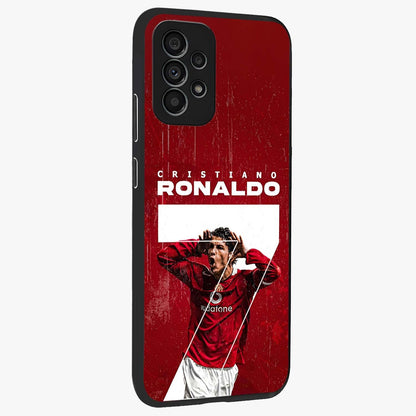 Goal Celebration Legacy Glass Case upright view showcasing dynamic football inspired artwork with victory celebration aesthetic.
