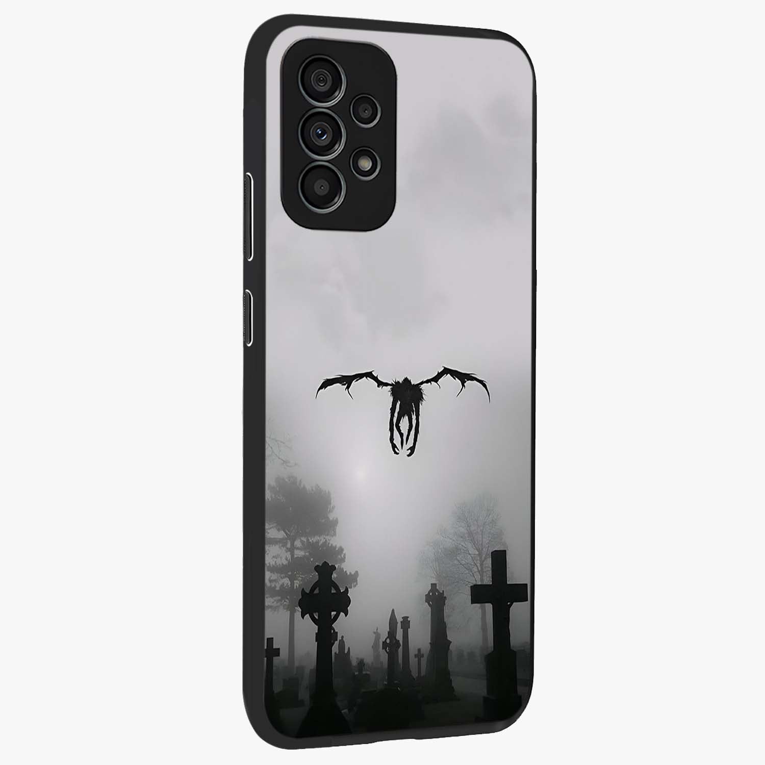 Graveyard Shadow Descent Glass Case upright view showcasing haunting graveyard artwork with dramatic dark theme.