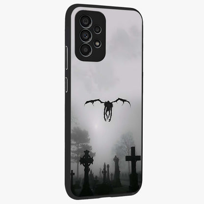 Graveyard Shadow Descent Glass Case upright view showcasing haunting graveyard artwork with dramatic dark theme.
