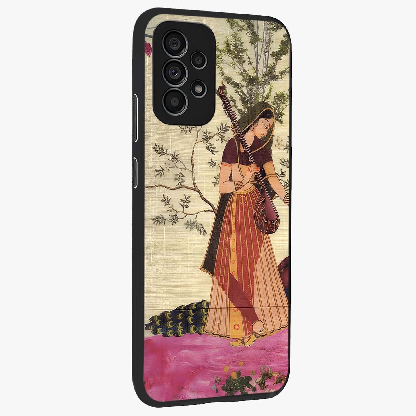 Lady With Veena Art Glass Case upright view showcasing classical veena artwork with traditional artistic theme.