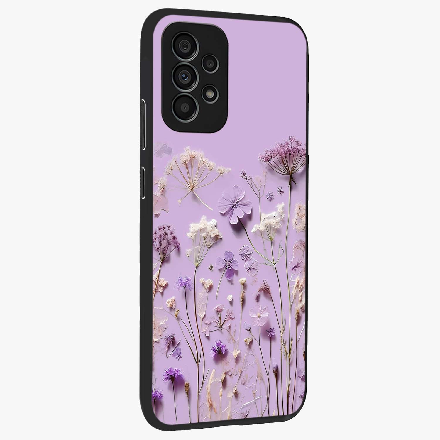 Lavender Blossom Dream Glass Case upright view showcasing delicate lavender blossom artwork with peaceful floral theme.
