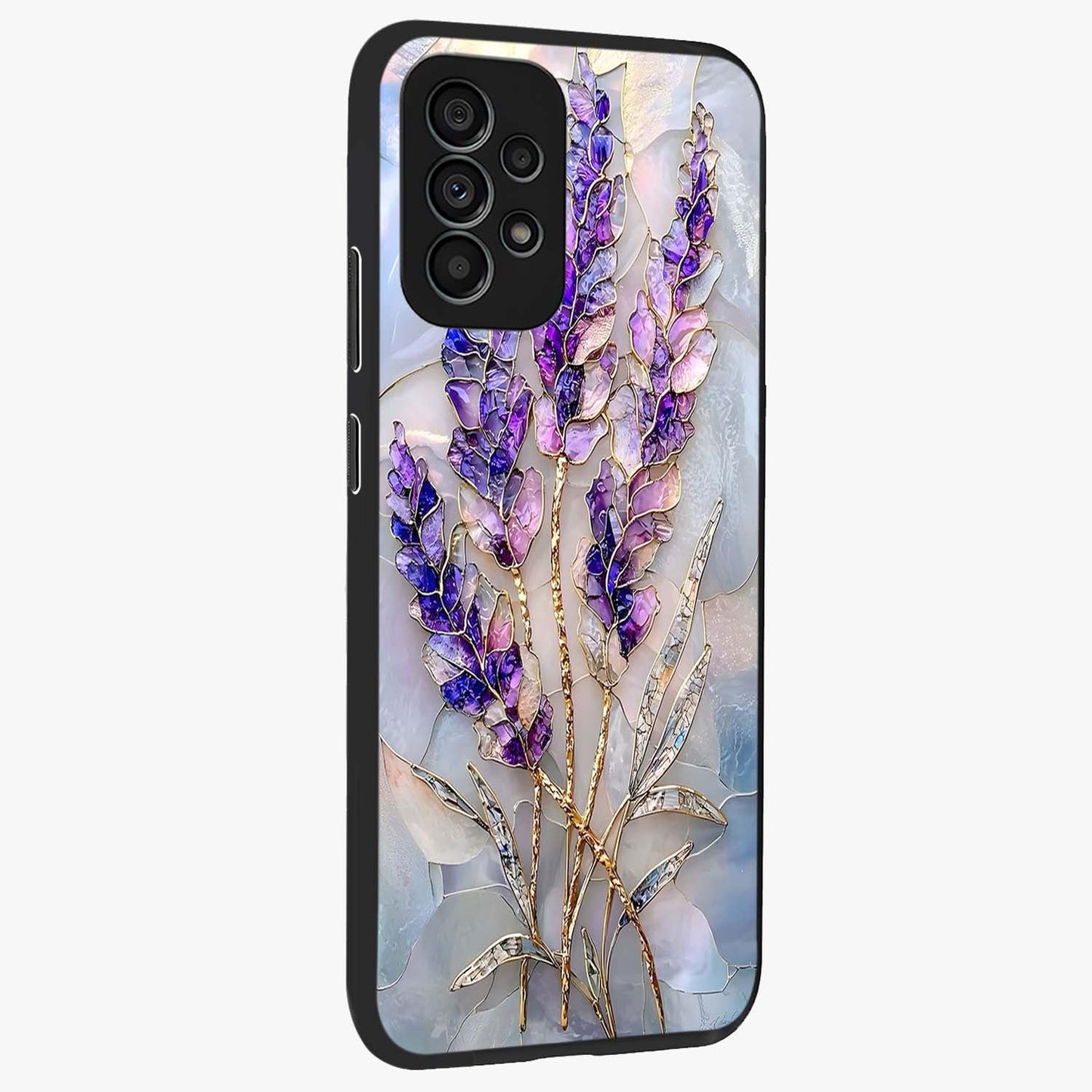Lavender Dream Glow Glass Case upright view showcasing radiant lavender glow artwork with calming dreamy theme.