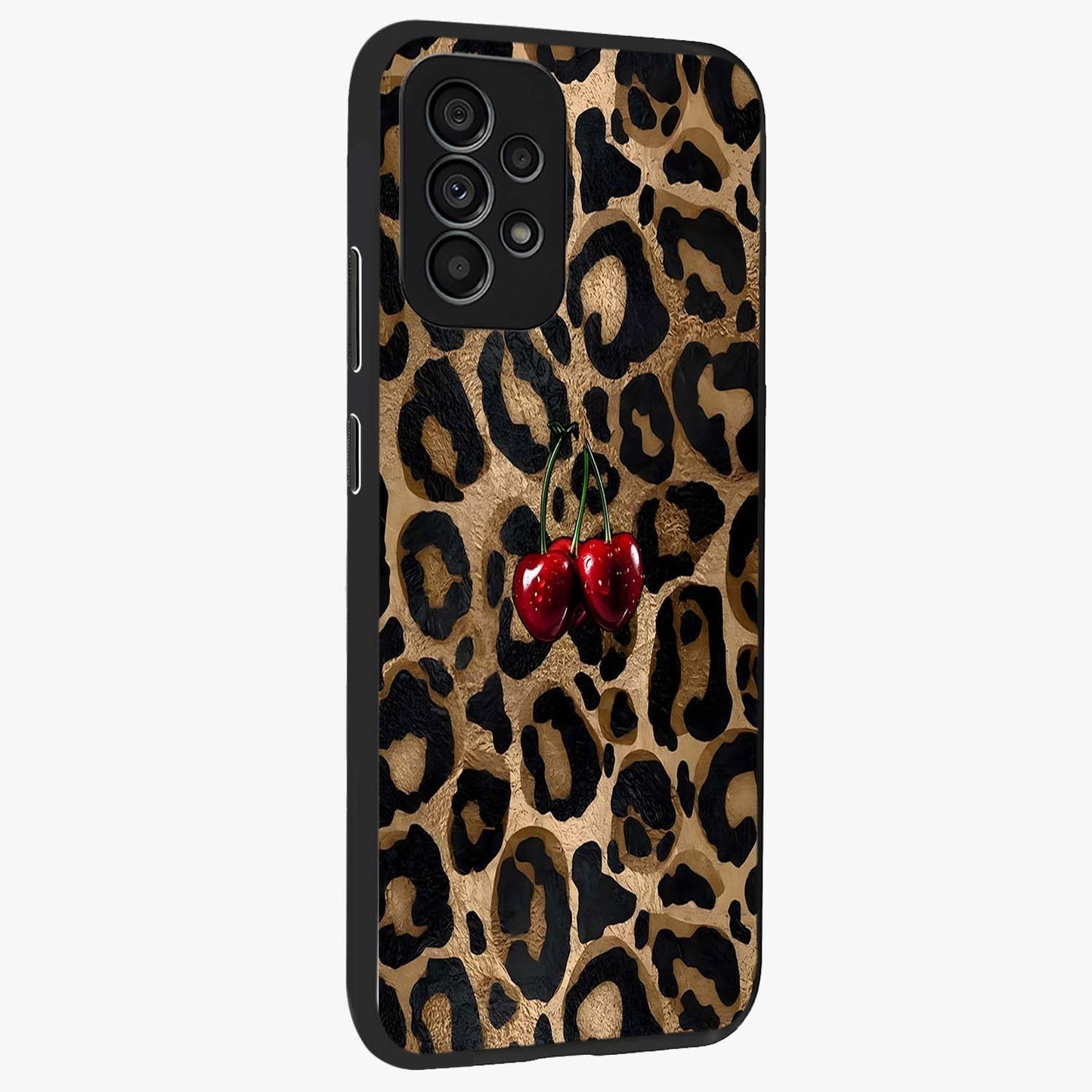 Leopard Wild Cherry Glass Case upright view showcasing stylish leopard pattern artwork with trendy fashion theme.