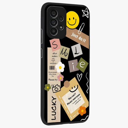 Lucky Aesthetic Collage Glass Case upright view showcasing vibrant collage artwork with youthful aesthetic theme.