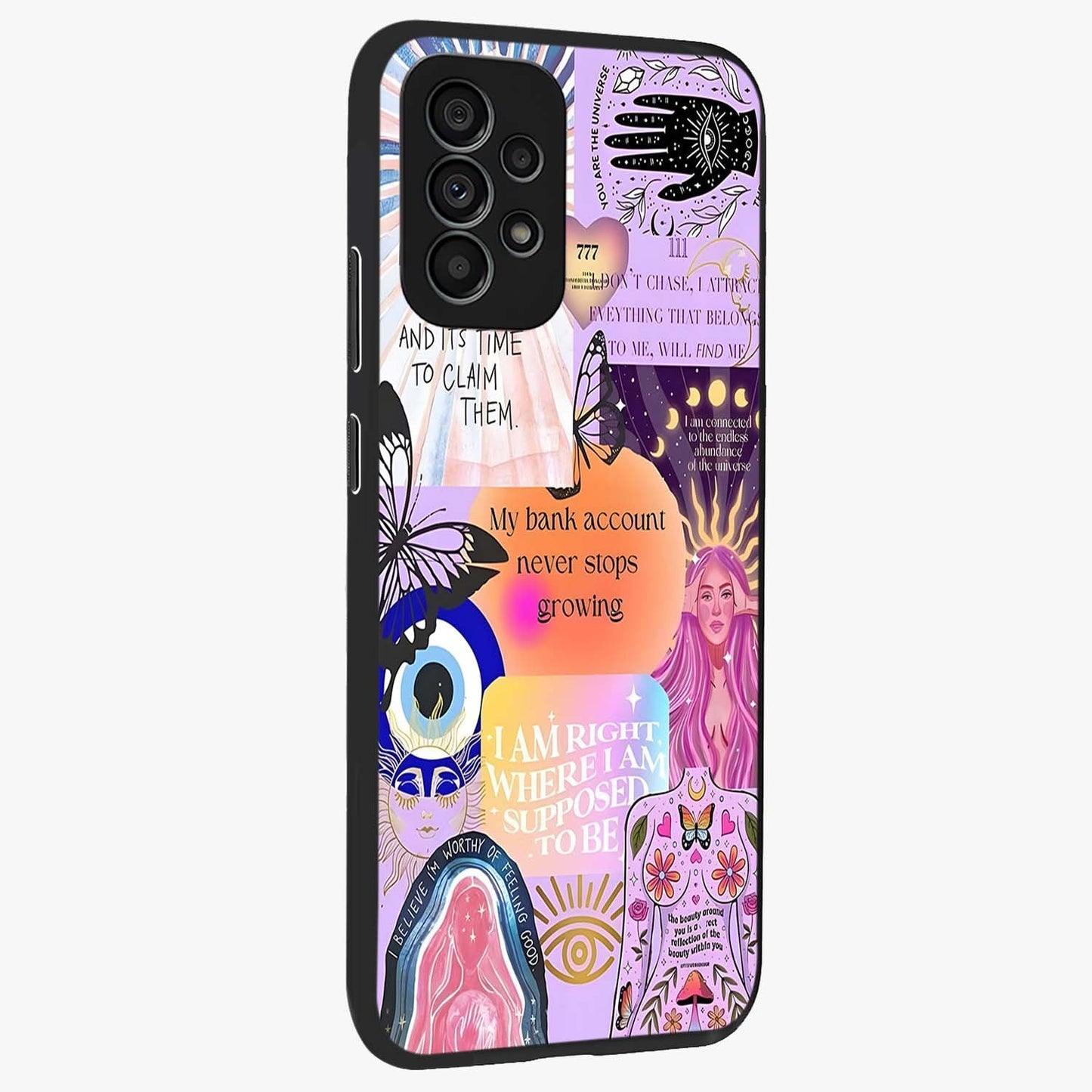 Manifestation Collage Glass Case upright view showcasing artistic manifestation themed artwork with creative style.