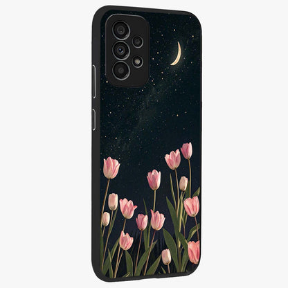 Midnight Tulip Whispers Vibe Glass Case upright view showcasing graceful tulip artwork with calm botanical theme.