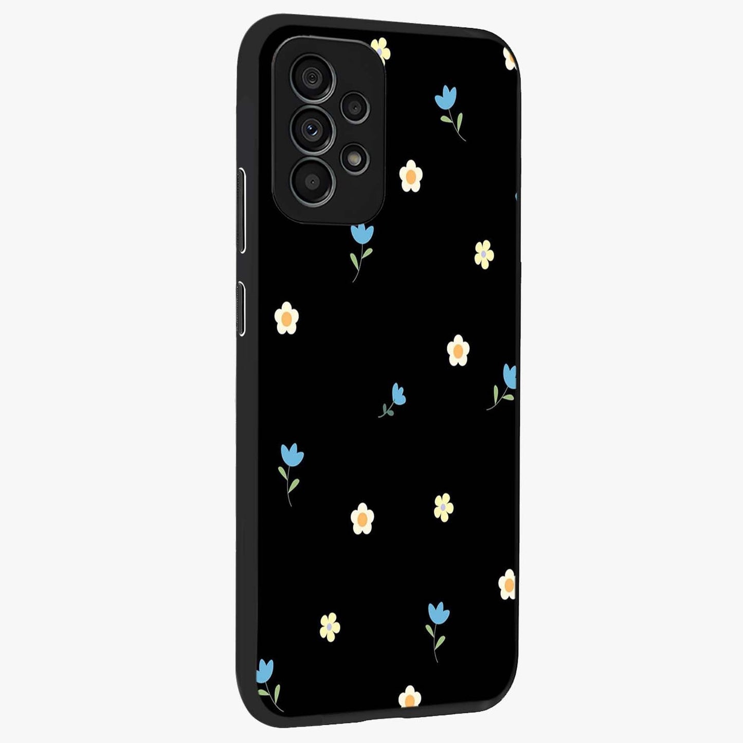 Minimal Petal Whispers Glass Case upright view showcasing elegant floral artwork with modern minimalist style.