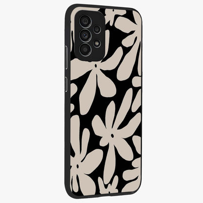 Monochrome Petal Dance Glass Case upright view showcasing artistic floral pattern with stylish monochrome theme.
