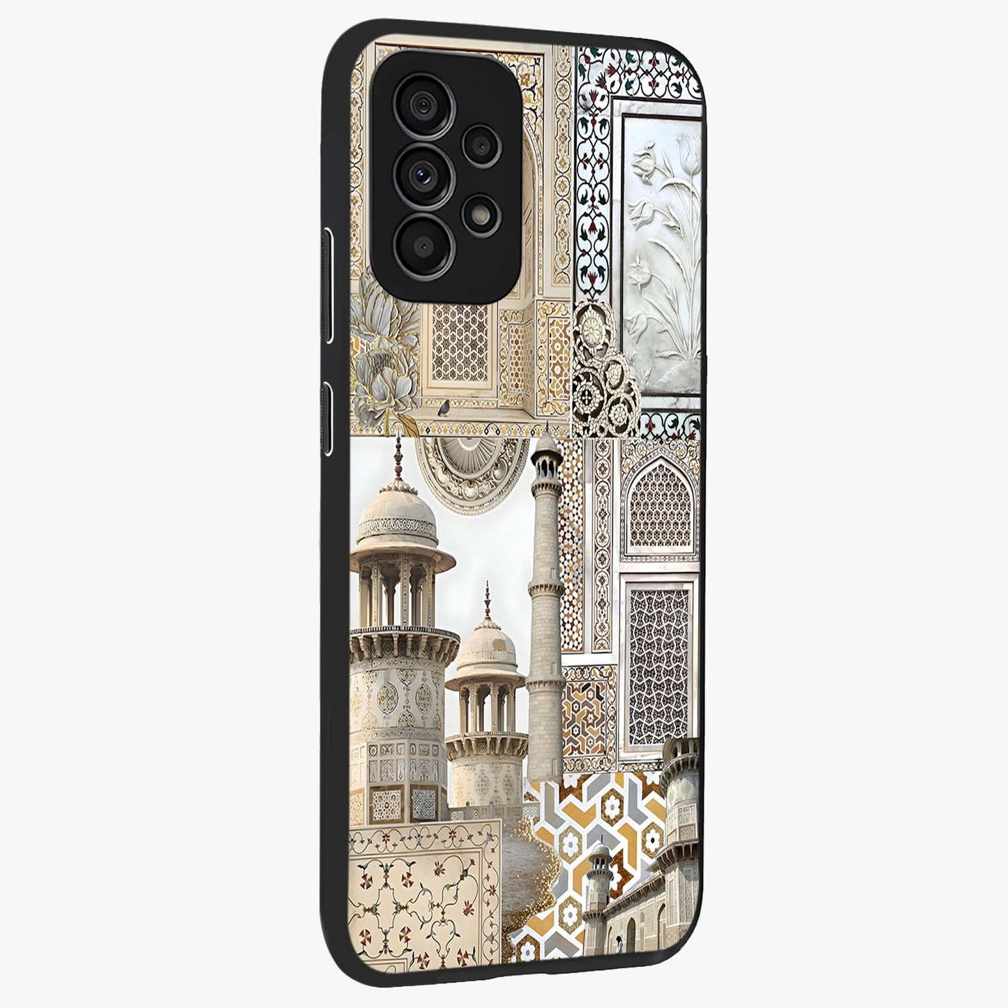 Mughal Marble Legacy Glass Case upright view showcasing ornate Mughal design with luxurious traditional theme.