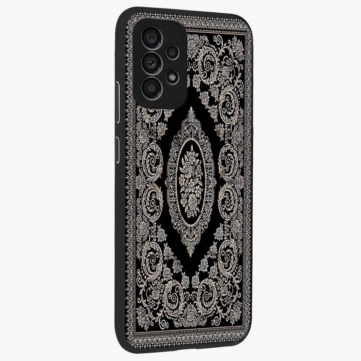 Noir Bloom Elegance Glass Case upright view showcasing graceful floral artwork with luxurious dark theme.