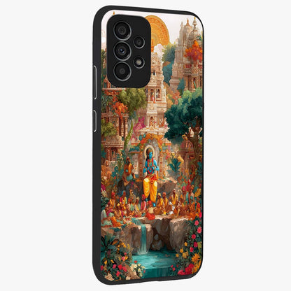 Sacred Sunlight Gods Glass Case upright view showcasing glowing divine artwork with sacred mythological theme.