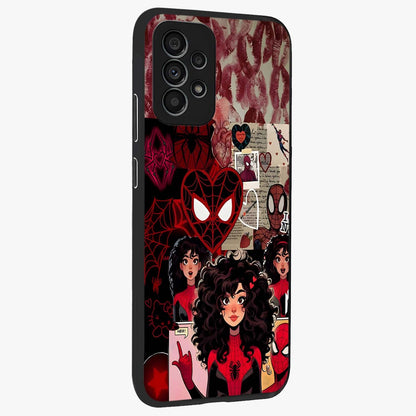 Spider Love Story Glass Case upright view showcasing charming superhero artwork with romantic comic theme.