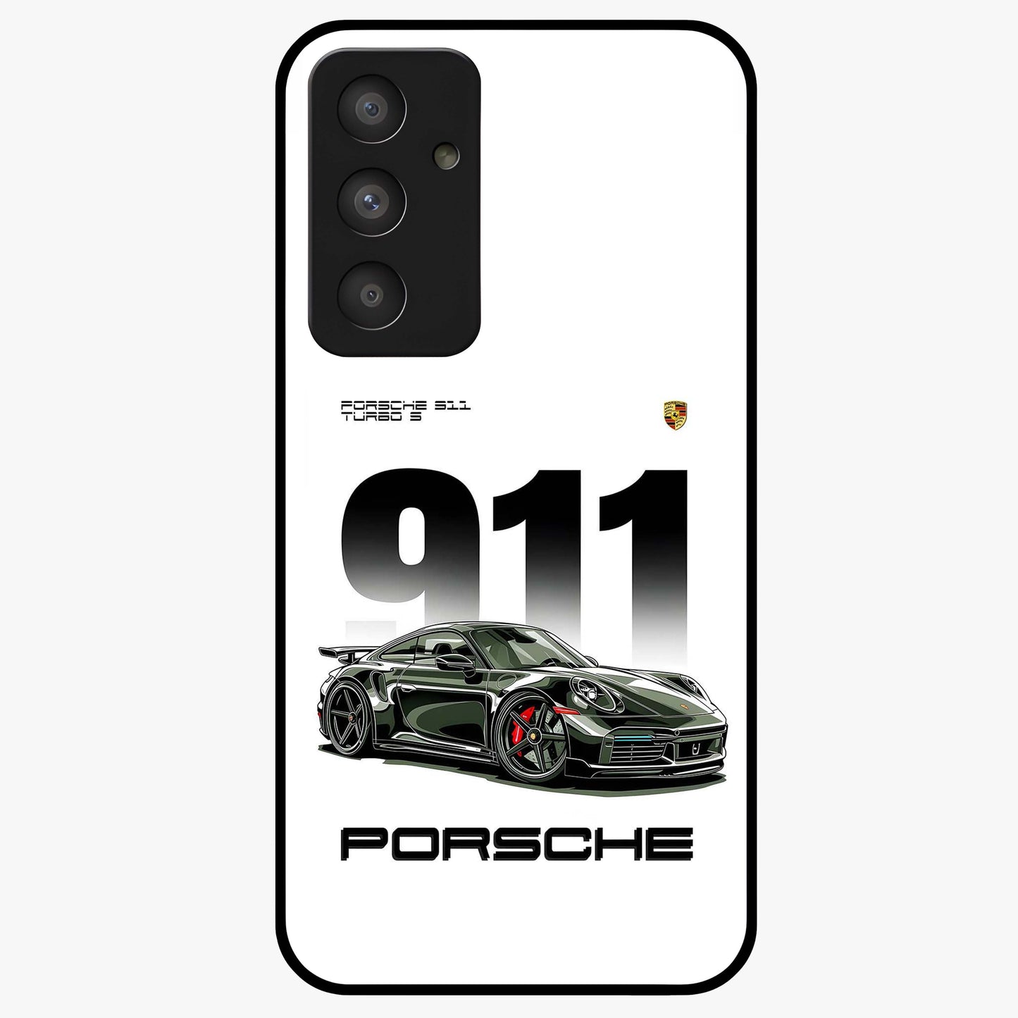 911 Turbo Dominance Glass Case showing clean flat back view with bold 911 sports car artwork and glossy glass finish.