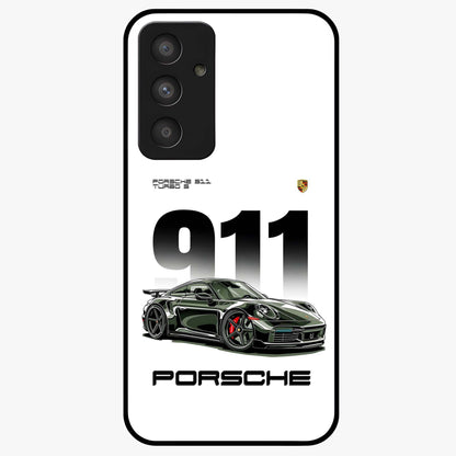 911 Turbo Dominance Glass Case showing clean flat back view with bold 911 sports car artwork and glossy glass finish.
