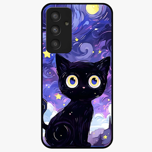 Abstract Cat Art Glass Case showing flat back view with artistic cat illustration and glossy glass finish.